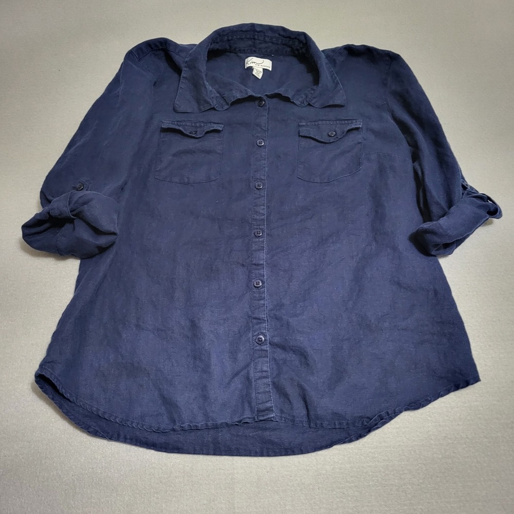 Navy Blue 100% Linen Roll Up Tab Sleeves Button Up Shirt Women's Size XL
